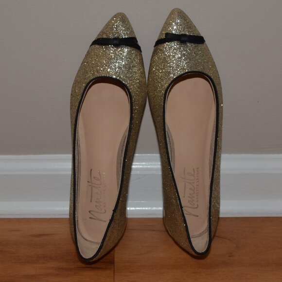 Nanette Lepore Dina Gold Glitter Bow tie Pointed Toe ballet flats, sz 8M - Picture 5 of 8